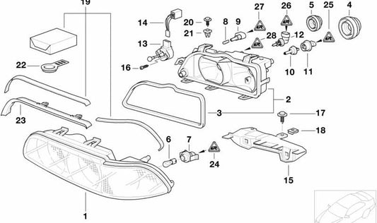 Carcasa de faro derecho con óptica OEM 63128378004 para BMW Serie 5 E39 (520i) modelos 1996-2003. Repuesto original BMW.