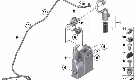 Tubo aireación sistema combustible OEM 16127201504 para BMW F01, F02, F04 {730i, 740i, 750i} con motores N52, N54, N55, N63. Original BMW.
