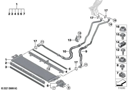 Engine oil cooler bracket repair kit for BMW G87, G80, G81, G82, G83 (OEM 17219501958). Original BMW.