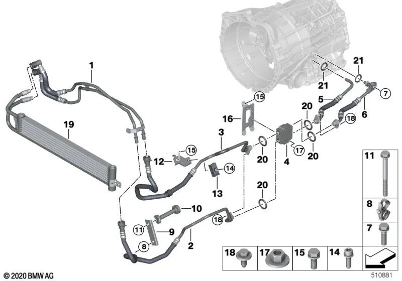 Transmission oil cooler line for BMW F87, F87N (OEM 17227853889). Original BMW.