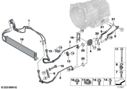 Transmission oil cooler line for BMW F87, F87N (OEM 17227853889). Original BMW.