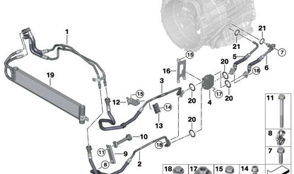 Tubo de retorno del radiador de aceite de transmisión OEM 17227853890 para BMW F87. Original BMW.