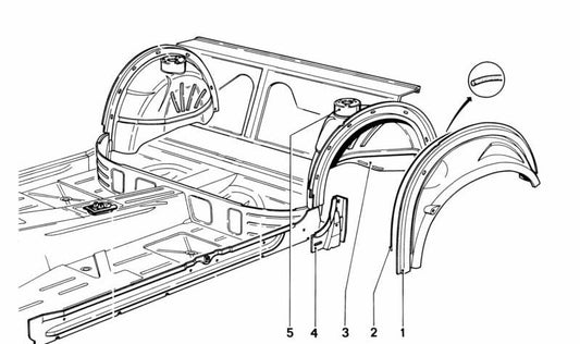 Chapa esquina paso de rueda trasero derecho OEM 41141820496 para BMW E12, E28, E24. Pieza original BMW.