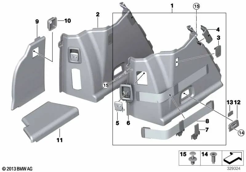 Trunk liner cover left for BMW F07, F07N (OEM 51477229823). Original BMW