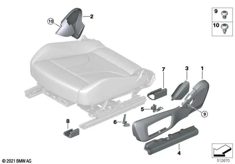 Left inner seat cover for BMW G42, G87, G22, G23 (OEM 52109853861). Original BMW.
