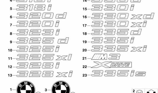 Emblema trasero adhesivo OEM 51147166210 para BMW E92 y E93 320d. Compatible con versiones manuales y automáticas, tracción trasera y xDrive. Original BMW.