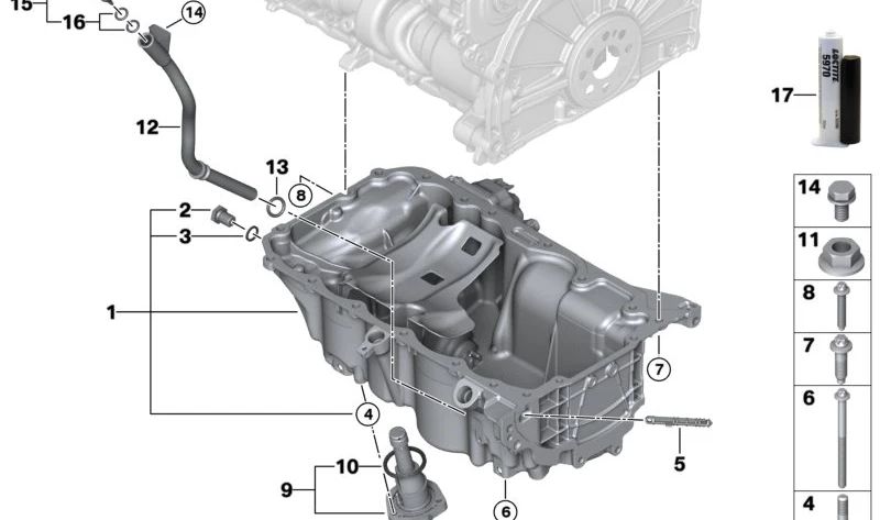 Cárter de aceite OEM 11138595451 para BMW U06 (Serie 2 Active Tourer). Original BMW.
