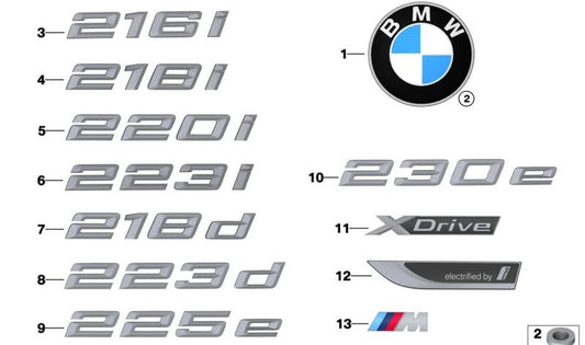 Emblema trasero "218d" OEM 51148494188 para BMW Serie 2 U06. Original BMW.