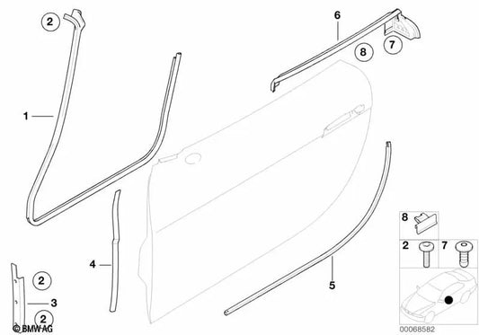 Vedação do canal da porta esquerda para BMW E52 (OEM 51338232343). BMW originais.