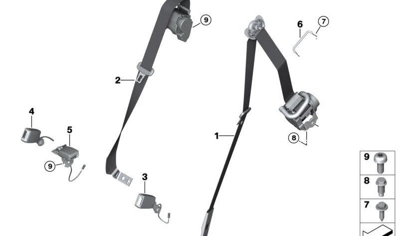 Cinturón superior trasero derecho OEM 72117497592 para BMW X5 G05, G05N, F95, F95N. Pieza del cinturón de seguridad trasero, fila 2. Original BMW.