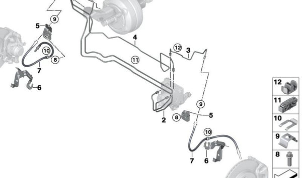 Soporte para latiguillo de freno delantero izquierdo OEM 34306799309 para BMW i3 (I01). Original BMW.