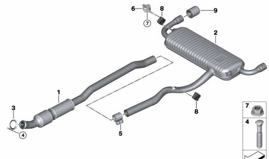 Silenciador trasero OEM 18308685652 para BMW F39 X2 sDrive20i. Compatible con modelos fabricados entre 11/2017 y 10/2023. Parte original del sistema de escape. Original BMW.