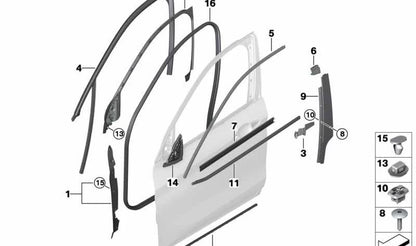 Embellecedor marco ventana puerta delantera izquierda OEM 51337362227 para BMW X1 {F48, F48N, F49, F49N}. Repuesto original BMW. Acabado en aluminio satinado.