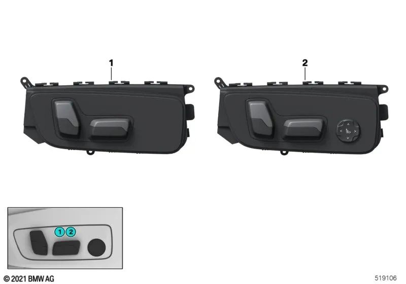 Einstellungsschalter für den linken Sitz für BMW G42, G87, U06 Serie 3 G20, G20N, G21, G21N, G28, G80, G81, Serie 4 G22, G23, G26, G82, G83, 5 F90N -Serie, X1 U11, X3 F97, F97N , G01, G01N, G08, X4 F98, F98N, G02, G02N (OEM 61319390117). Original BMW.