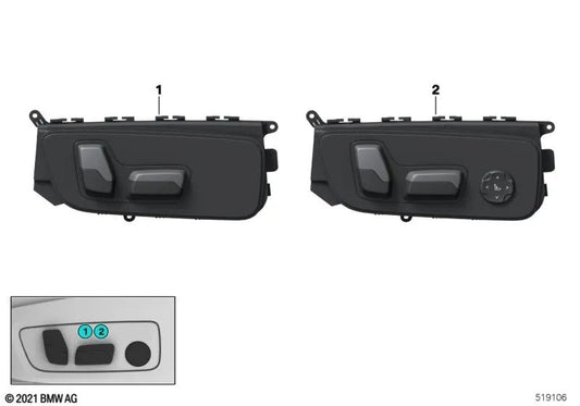Interruptor de ajuste do assento esquerdo para BMW G42, G87, U06 Série 3 G20, G20N, G21, G21N, G28, G80, G81, SERIES 4 G22, G23, G26, G82, G83, 5 F90N, X1 U11, X3 F97, F9N, G08, X4, X4 F98, F98N, G02, G02N (OEM 61319390117). BMW original.