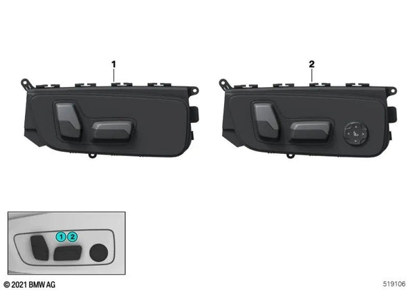 Conmutador regulación asiento derecho OEM 61315A1BFE8 para BMW F70, F74, G20, G21, G26, X1 U11, X3 G01, X4 G02, i4, iX3, X2 U10… y más. Original BMW.