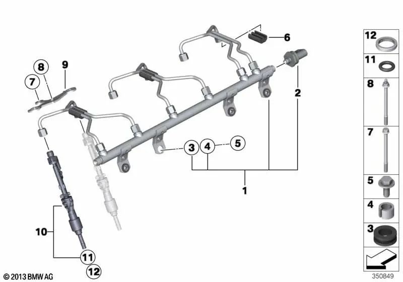 High pressure rail for BMW E82, E88, F20, F21, F22, F23, F87, E90N, E91N, E92N, E93N, F30, F31, F34, F35, F32, F33, F36, F07, F10, F11, F18, F06, F12, F13, F E84, F25, F26, E70N, F15, E71, F16 (OEM 13537649710). Original BMW