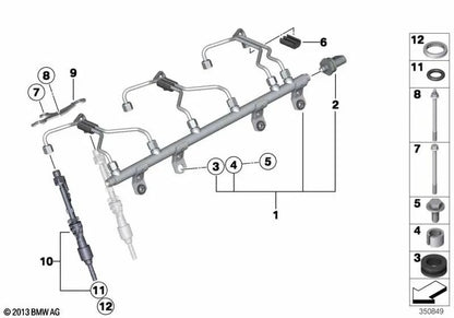High pressure rail for BMW E82, E88, F20, F21, F22, F23, F87, E90N, E91N, E92N, E93N, F30, F31, F34, F35, F32, F33, F36, F07, F10, F11, F18, F06, F12, F13, F E84, F25, F26, E70N, F15, E71, F16 (OEM 13537649710). Original BMW