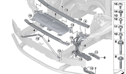Soporte delantero de travesaño OEM 51645A08CE5 para BMW G70. Original BMW.