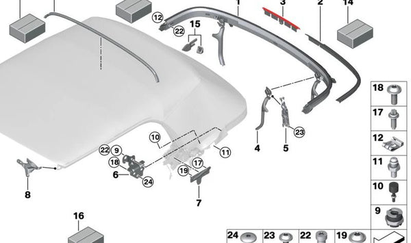 Kit de fijación capota OEM 54342758518 para MINI F57 (todos los modelos: Cooper, Cooper S, John Cooper Works, etc.). Compatible con versiones automáticas y manuales. Original MINI.