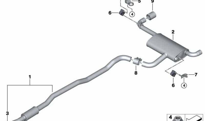 Silêncio traseiro OEM 18308594088 para BMW F40. Peça BMW original para o sistema de escape.