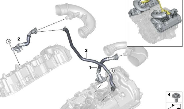 Tubo de ventilación del cárter OEM 11159845963 para BMW G70, F95, F96, G07, G09. Original BMW.