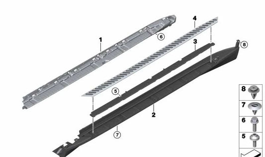 Inserto lateral izquierdo para estribera OEM 51777345095 para BMW X5 F15 (modelos sDrive25d, xDrive25d, xDrive28i, xDrive30d). Pieza original BMW.