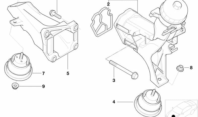 Soporte de motor OEM 22116752200 para BMW E46 320d {modelos: AL71, AL81, AL82, AX71, AX81, AX82}. Compatible solo con versiones diésel M47. Original BMW.