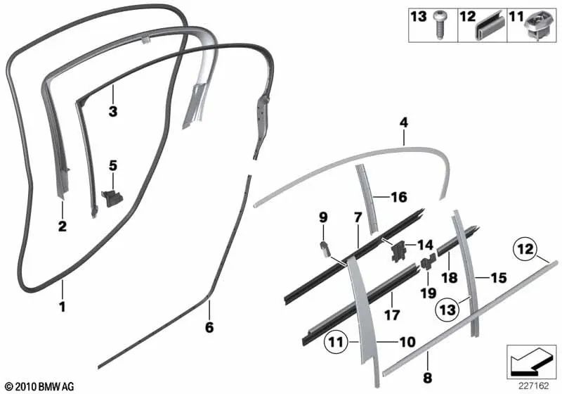 Junta de vazamento da porta no teto traseiro esquerdo para BMW F18, F18N (OEM 51357208043). BMW original.