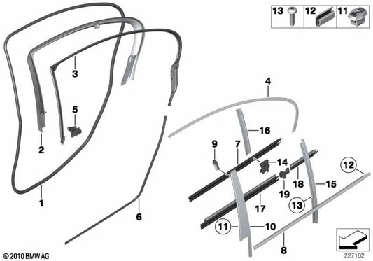Joix de fuite de porte sur le toit arrière gauche pour BMW F18, F18N (OEM 51357208043). BMW d'origine.