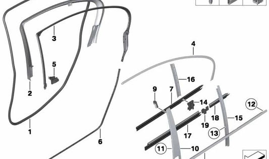 Junta de goma marco techo trasero derecho OEM 51357208044 para BMW F18, F18N. Pieza original BMW.