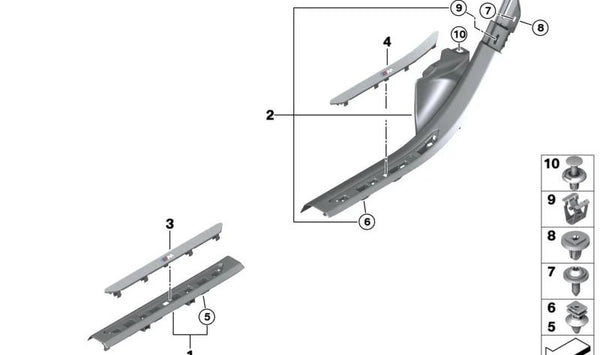Embellecedor entrada puerta trasera izquierda OEM 51475A1E4C3 para BMW X5 G05 y BMW X6 G06. Color negro. Original BMW.