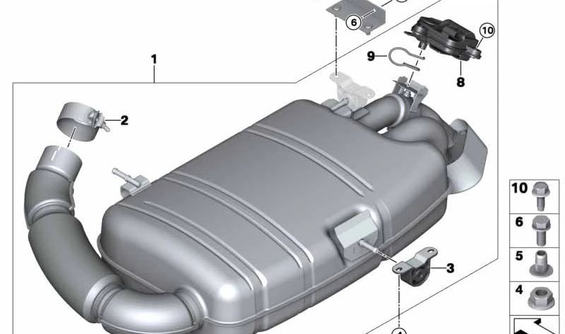 Soporte trasero silenciador escape derecho OEM 18208624487 para BMW I12. Pieza original BMW.