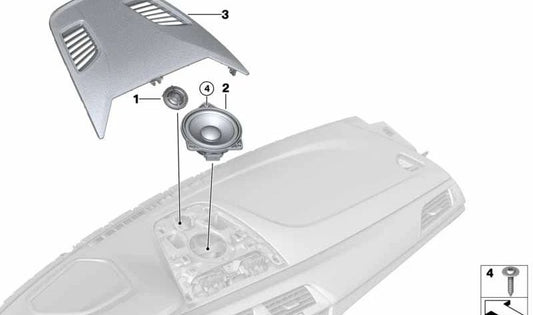Rejilla altavoz central salpicadero OEM 65139365189 para BMW F90, G30, G31, G32. Compatible con versiones M5, 518d y más. Pieza original BMW.