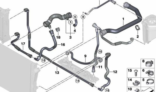 Manguito del radiador OEM 17127794156 para BMW E70 (X5 3.0d/3.0sd) y BMW E71 (X6 xDrive30d/35d). Original BMW.