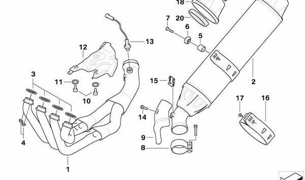 Soporte de escape OEM 18127671494 para BMW Motorrad K 1200 S, K 1200 R, K 1200 GT, K 1300 GT, R 1200 RT, R 900 RT, R 1200 R. Original BMW Motorrad.