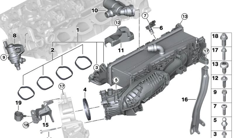 Supporto di ammissione per BMW G42, G20, G21, G28, G22, G23, G26, G30, G31, G38N, G60, G32, G11N, G12N, G01, G08, G02, G05, G18, G06, G29 (OEM 11617952863). BMW originale.