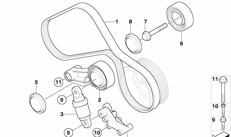 Tensioner with Lever for BMW E90, E92, E93 (OEM 11287838196). Genuine BMW.