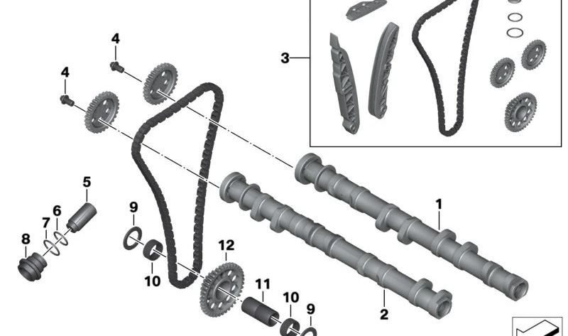 Juego de cadena de distribución OEM 11008536327 para motos BMW S 1000 RR, S 1000 R, S 1000 XR, HP4. Original BMW Motorrad.