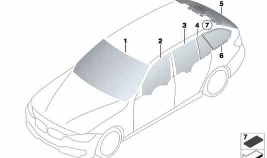 Cristal ventanilla trasera izquierda OEM 51377259713 para BMW F31 (316d). Compatible con todos los modelos F31 indicados. Cristal original BMW.