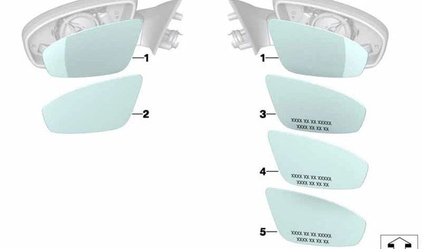 Cristal de espejo retrovisor derecho calefactable y gran angular OEM 51168038996 para BMW E46, E90, E91, E92, E93, E81, E82, E87, E88. Original BMW.