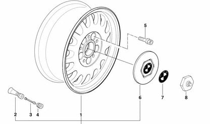 Central tire lid 36131180113 for BMW E34 and E32. Diameter 169mm. Compatible with several 518i and 518g models. Original BMW piece.