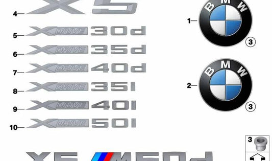 Emblema trasero "X5 M50d" OEM 51148055268 para BMW E70. Pieza original BMW. Ideal para reemplazar el logo dañado o perdido en el portón trasero.