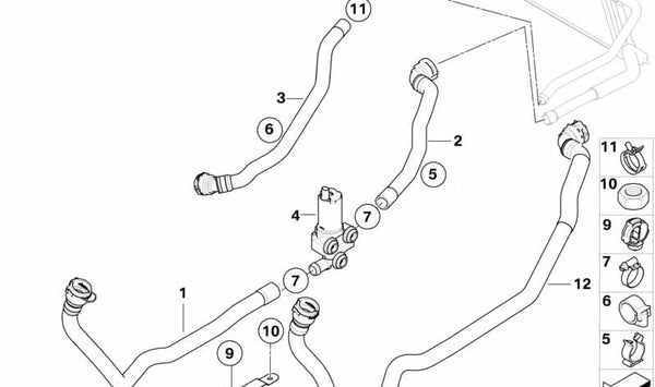 Manguera de refrigerante motor a radiador OEM 64219222700 para BMW E82, E88, E90, E91, E92, E93, E84. Original BMW.