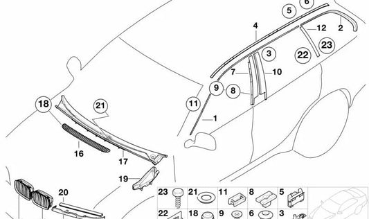 Front Rain Rain Gutter OEM 5113789066 para BMW E46. Acabamento de brilho preto. BMW original.