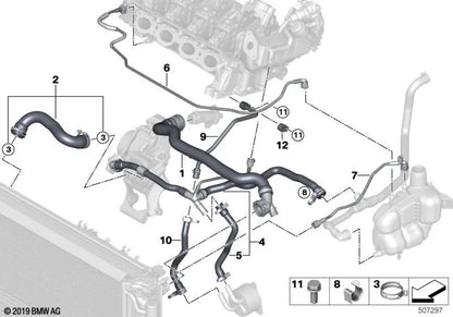Tubo depósito compensación-culata OEM 17129887040 para BMW 2 F45, F46, X1 F48, X2 F39 y MINI F56, F55, F54, F57, F60... y más. Original BMW y MINI.
