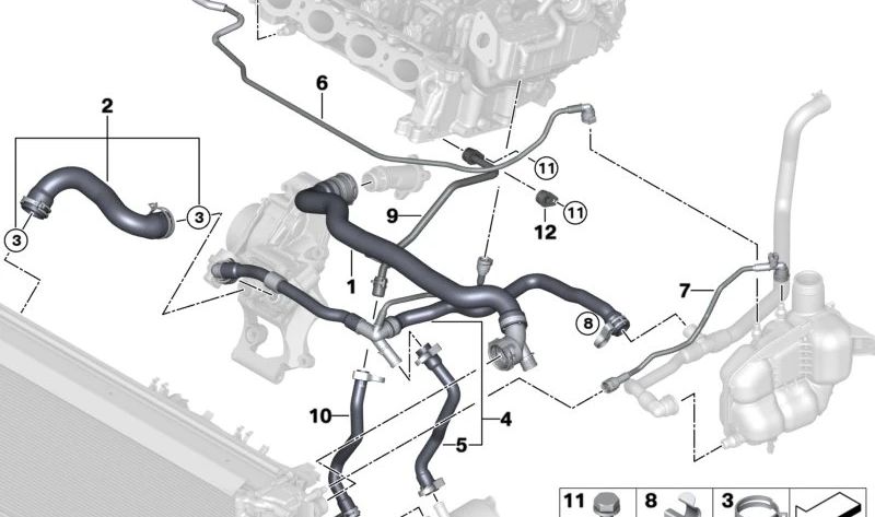 Lower radiator hose to the thermostat OEM 17127617368 for BMW F52, F45, F45N, F46, F46N, F48, F48N, F49, F39 and MINI F54, F55, F56, F57, F60, F60N. Original BMW and Mini.