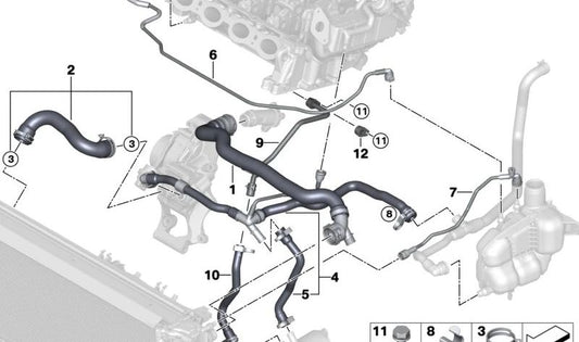 Lower radiator hose to the thermostat OEM 17127617368 for BMW F52, F45, F45N, F46, F46N, F48, F48N, F49, F39 and MINI F54, F55, F56, F57, F60, F60N. Original BMW and Mini.