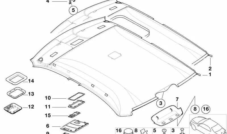 Tapizado interior del techo corredizo OEM 51448225970 para BMW E46. Original BMW.