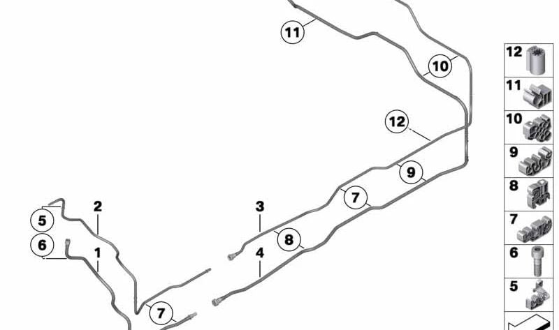 Tubería de combustible trasera OEM 16127228000 para BMW Serie 7 F01 {730i, 740i, 750i} modelos KA21, YA21, KA41, KA42, KA43, YA61, YA62, YA63, KA81, KA82. Original BMW.